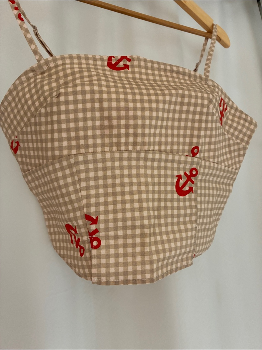 NWT size S Anthropologie Beige Gingham Crop Top with Red Anchor Print - Picture 2 of 4